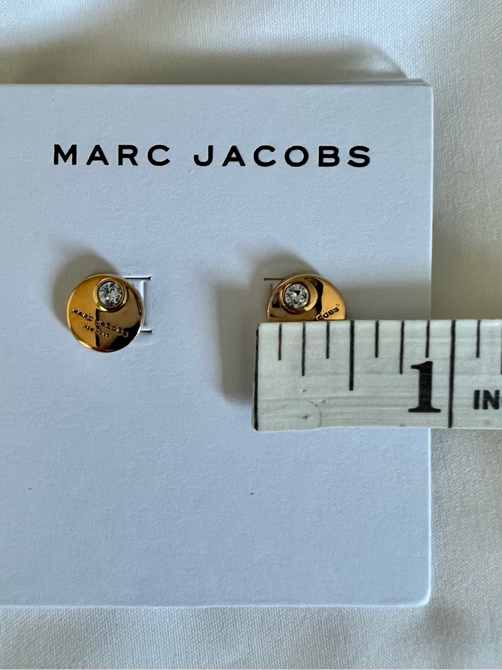 Marc Jacobs Gold-Tome Coin Stud Earrings with Clear Crystal Accent, NWT - Picture 4 of 5
